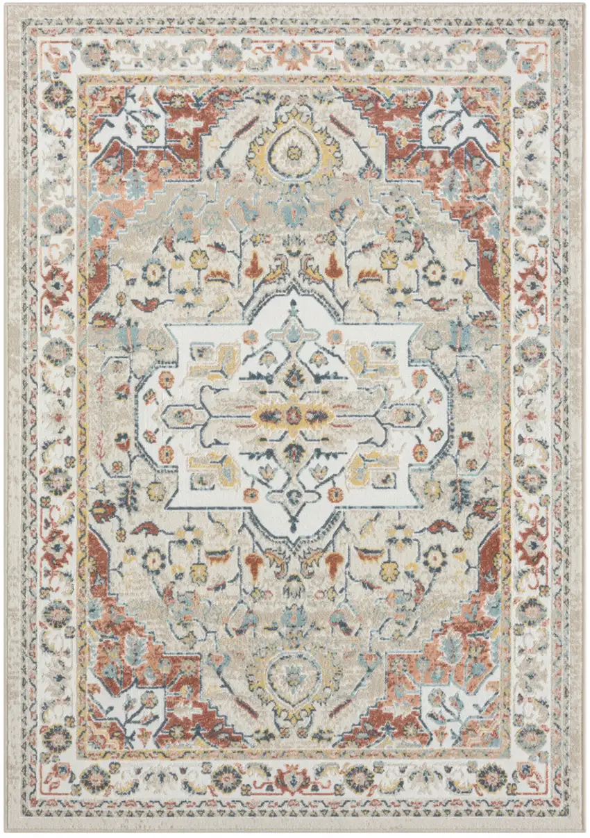 Ivory and Red Oriental Power Loom Area Rug Photo 2