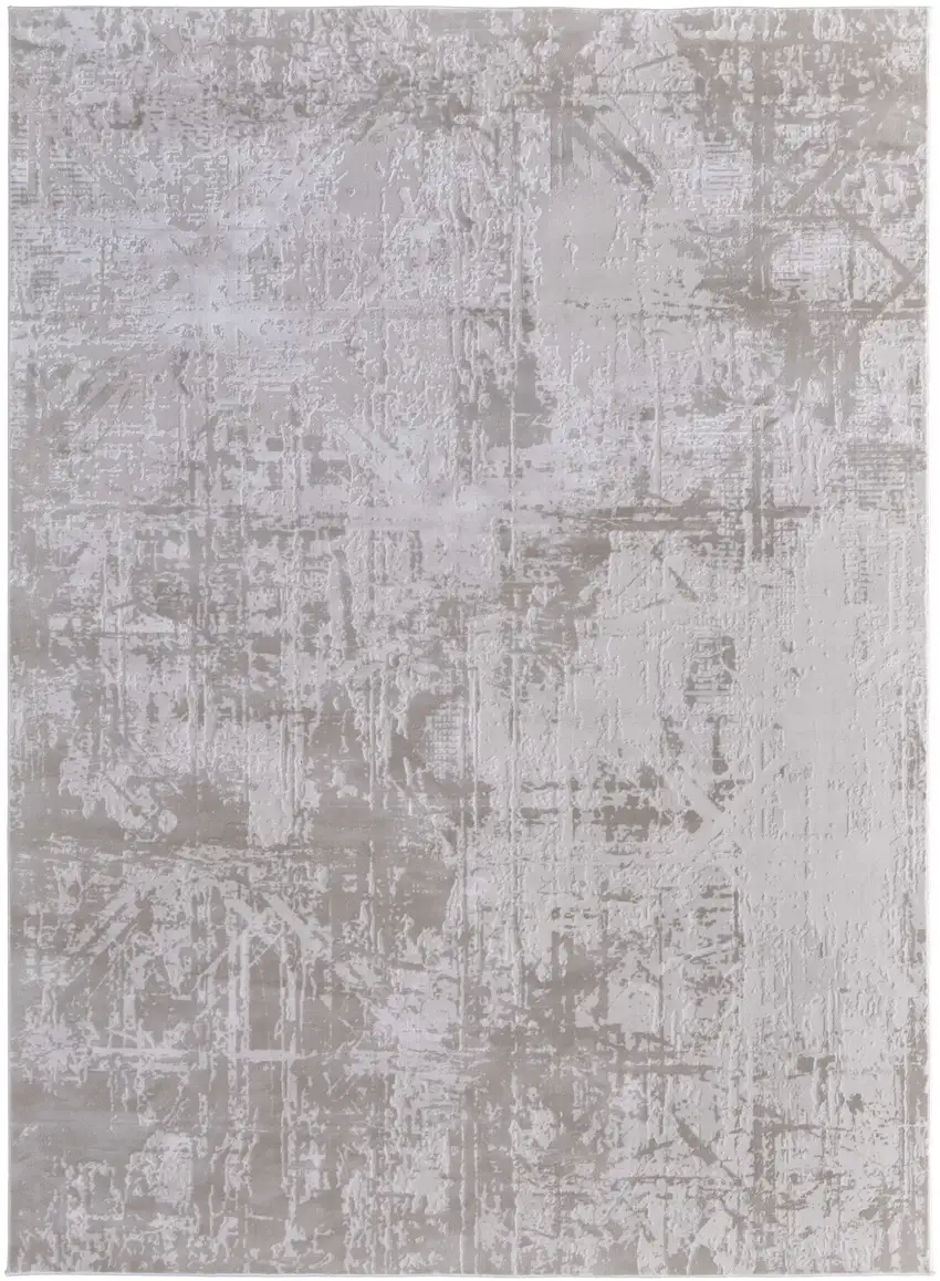 Ivory and Silver Abstract Power Loom Worn Faded Area Rug Photo 2