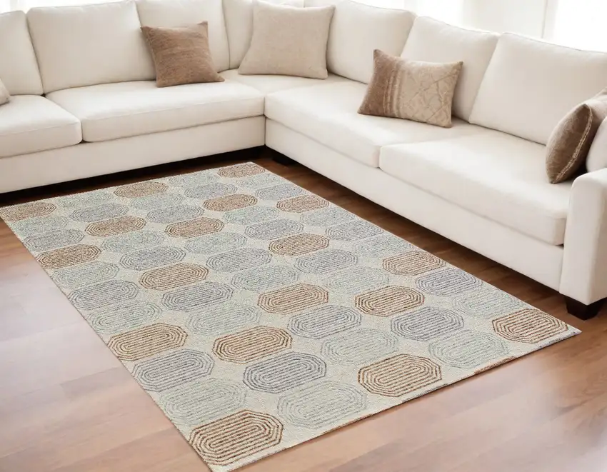 Ivory and Silver Wool Abstract Geometric Hand Tufted Non Skid Area Rug Photo 1