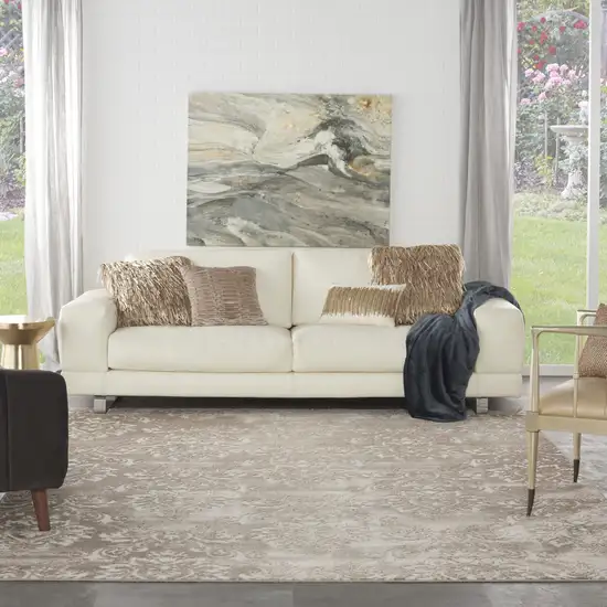 Ivory and Tan Damask Distressed Non Skid Area Rug Photo 6