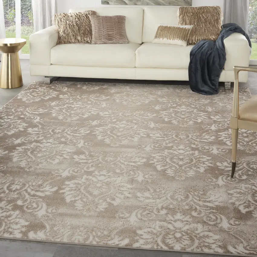 Ivory and Tan Damask Distressed Non Skid Area Rug Photo 4