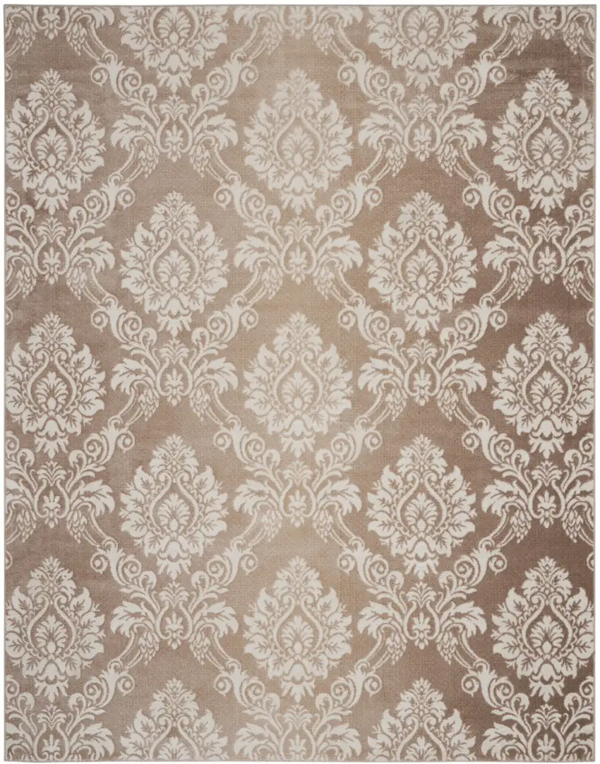 Ivory and Tan Damask Distressed Non Skid Area Rug Photo 9