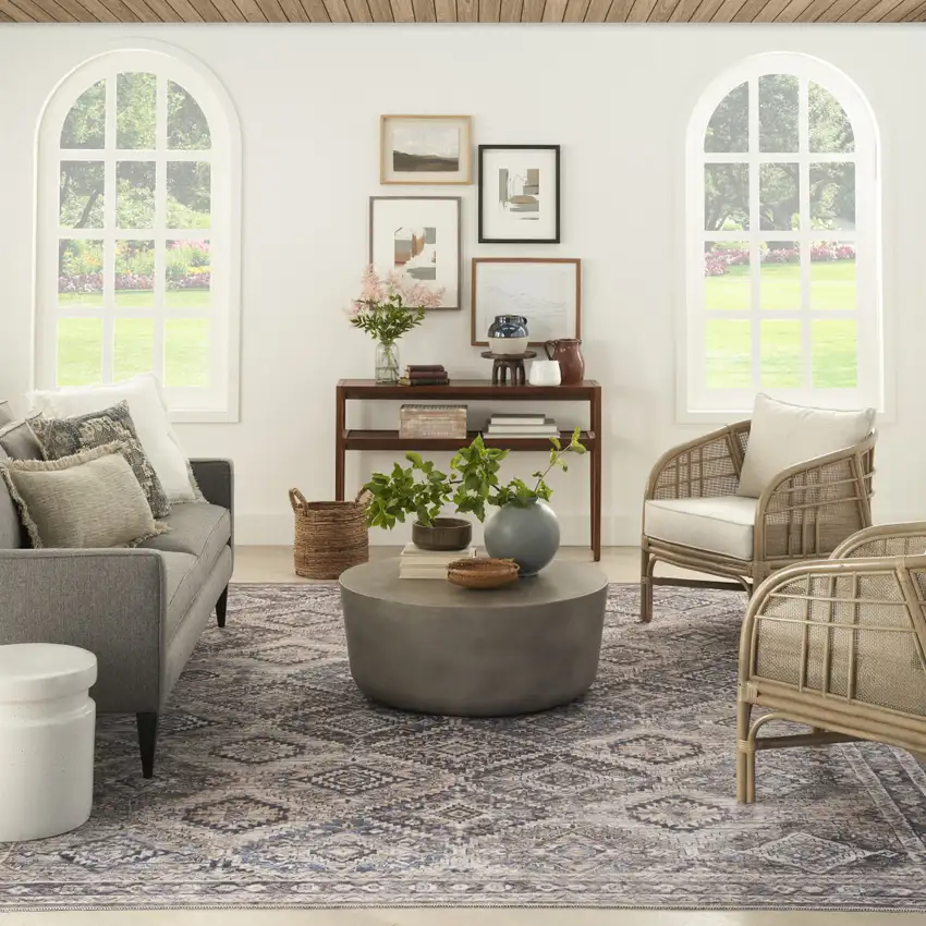 Ivory and Tan Floral Power Loom Distressed Washable Area Rug Photo 5