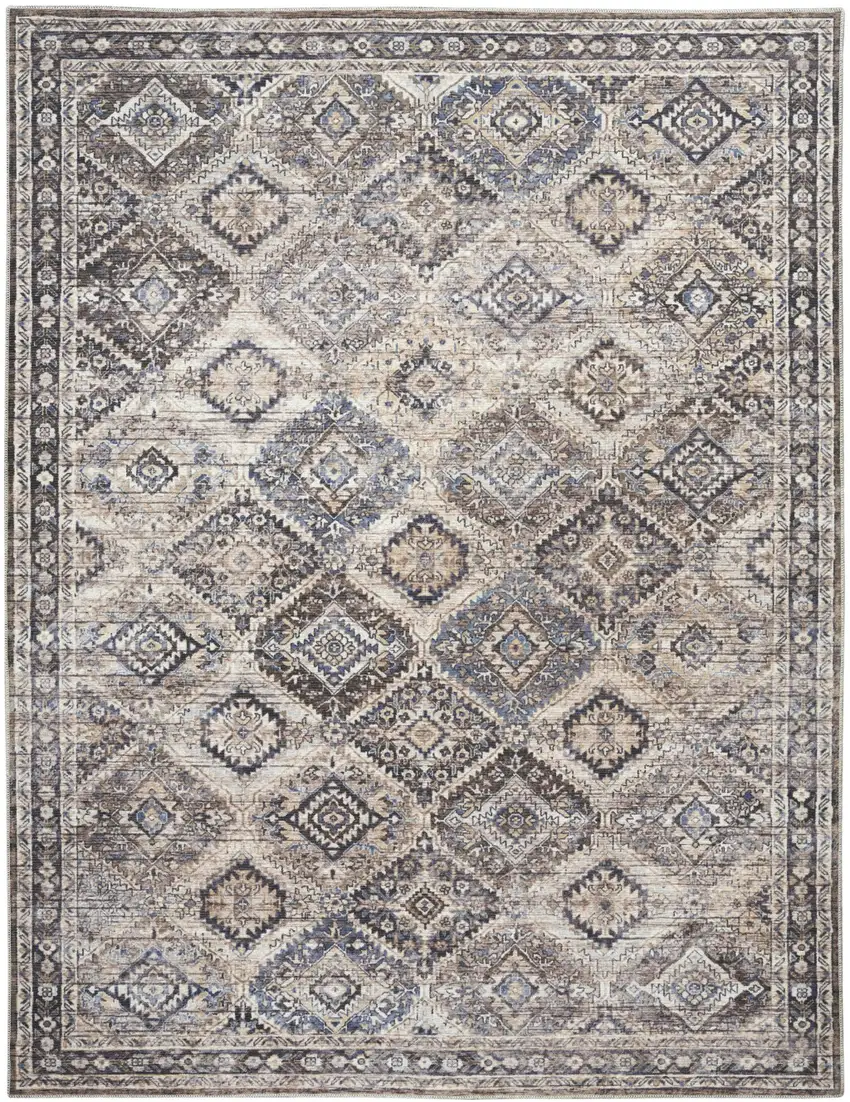 Ivory and Tan Floral Power Loom Distressed Washable Area Rug Photo 1