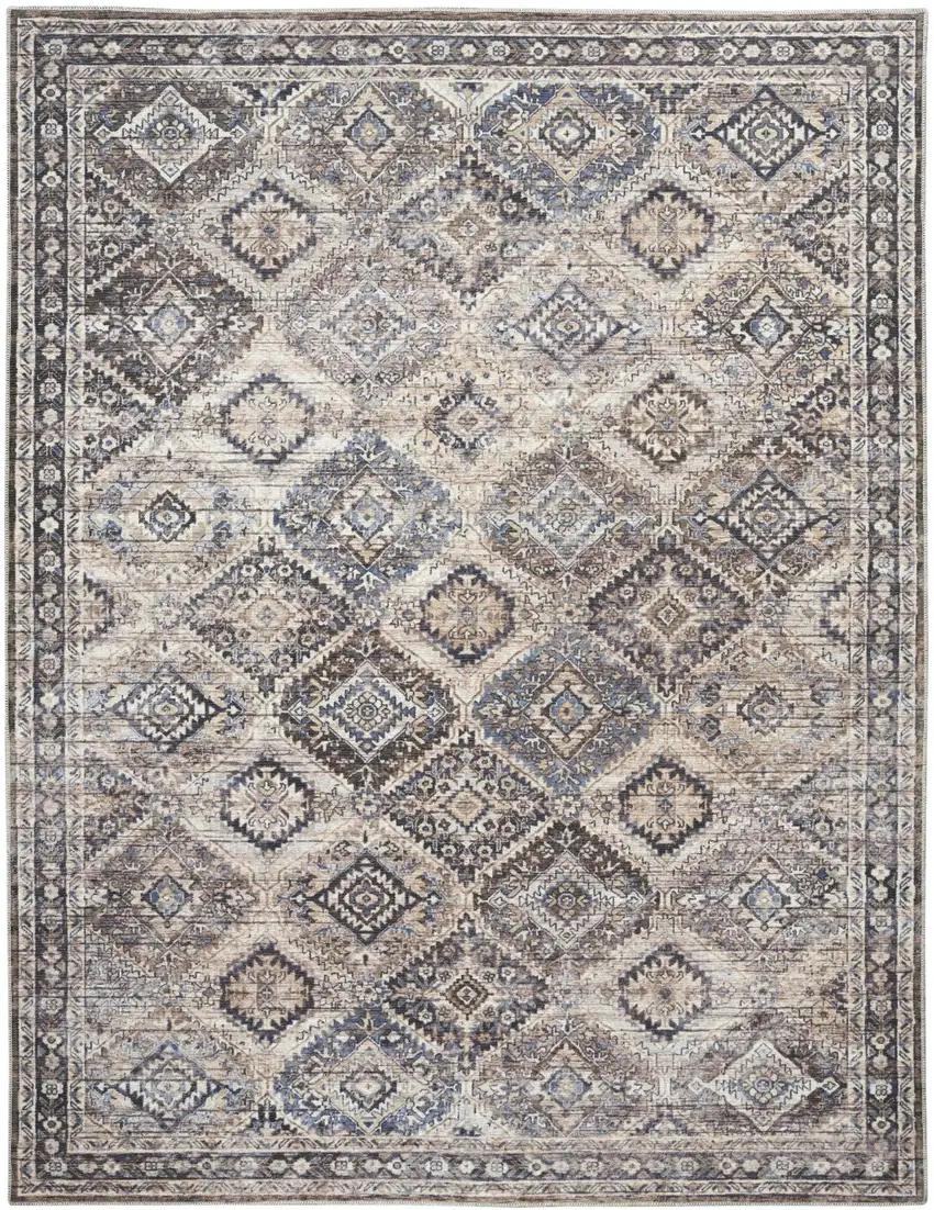 Ivory and Tan Floral Power Loom Distressed Washable Area Rug Photo 2
