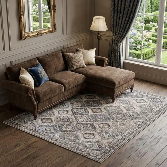 Ivory and Tan Floral Power Loom Distressed Washable Area Rug Photo 1