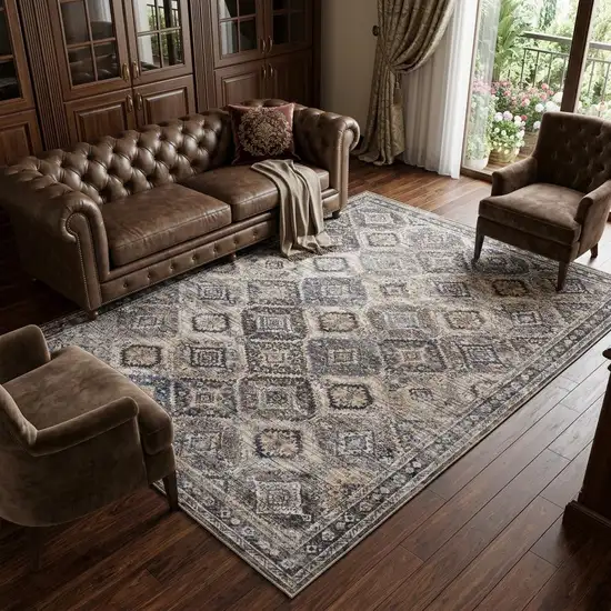 Ivory and Tan Floral Power Loom Distressed Washable Area Rug Photo 1
