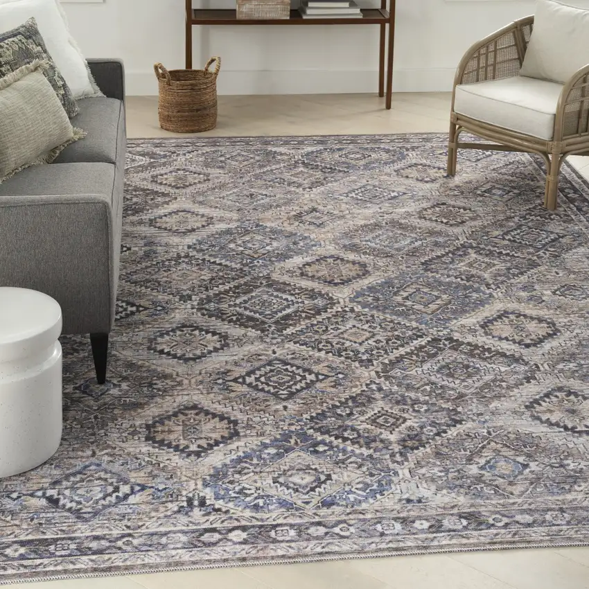 Ivory and Tan Floral Power Loom Distressed Washable Area Rug Photo 5