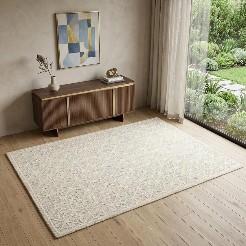 Ivory and Tan Geometric Hand Tufted Area Rug Photo 1