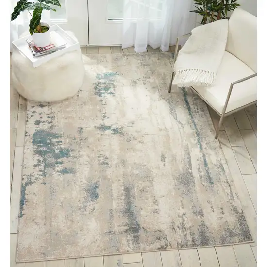 Ivory and Teal Blue Abstract Area Rug Photo 5