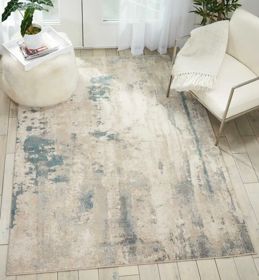 Ivory and Teal Blue Abstract Area Rug Photo 5