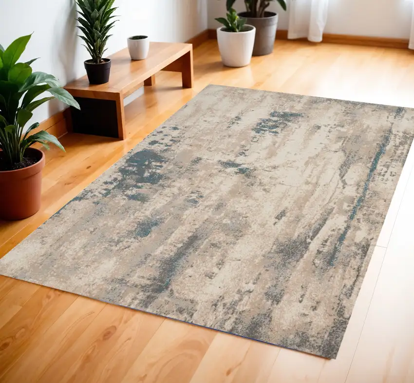 Ivory and Teal Blue Abstract Area Rug Photo 1