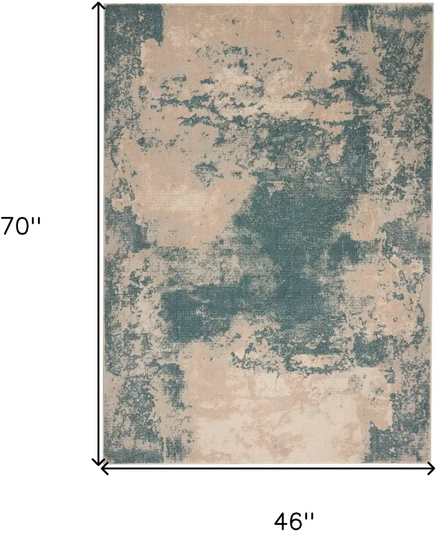 Ivory and Teal Blue Abstract Area Rug Photo 3