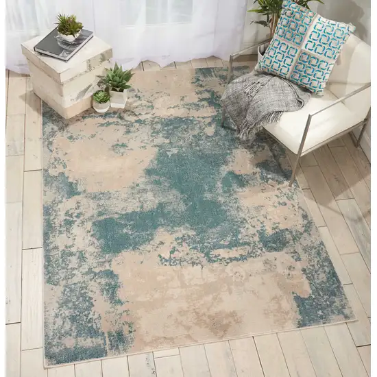 Ivory and Teal Blue Abstract Area Rug Photo 4