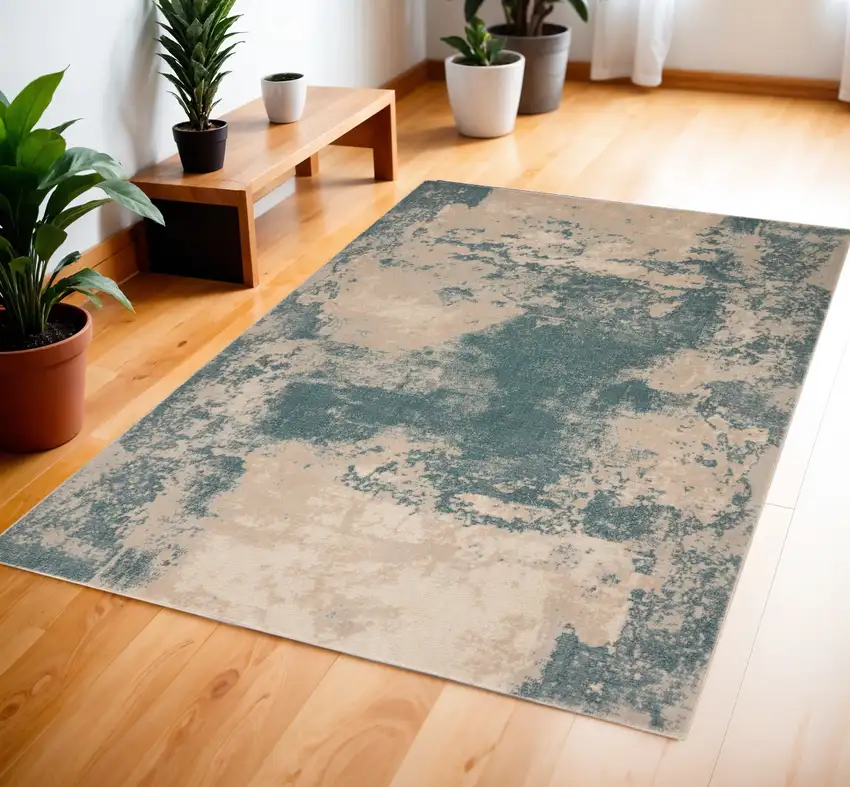 Ivory and Teal Blue Abstract Area Rug Photo 1