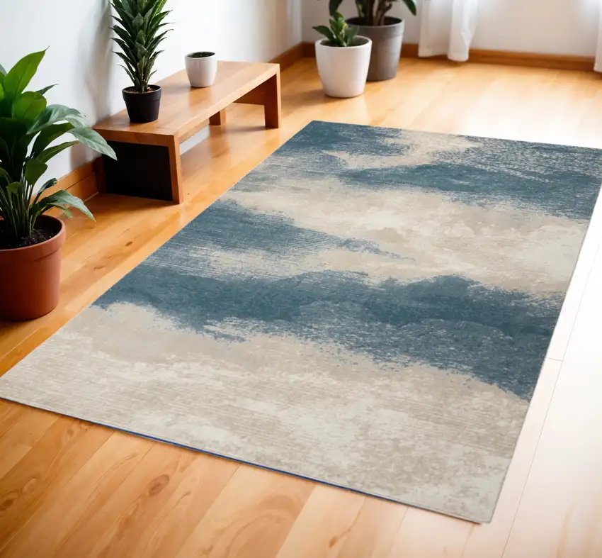 Ivory and Teal Blue Abstract Area Rug Photo 1