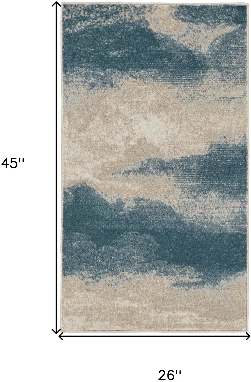 Ivory and Teal Blue Abstract Area Rug Photo 3