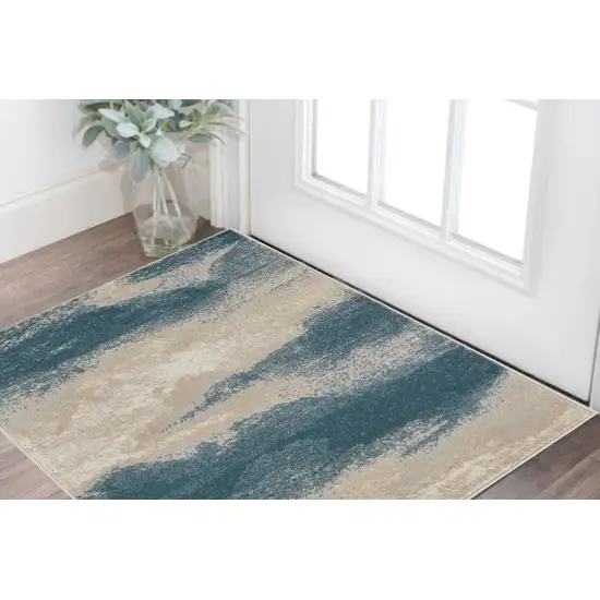 Ivory and Teal Blue Abstract Area Rug Photo 1