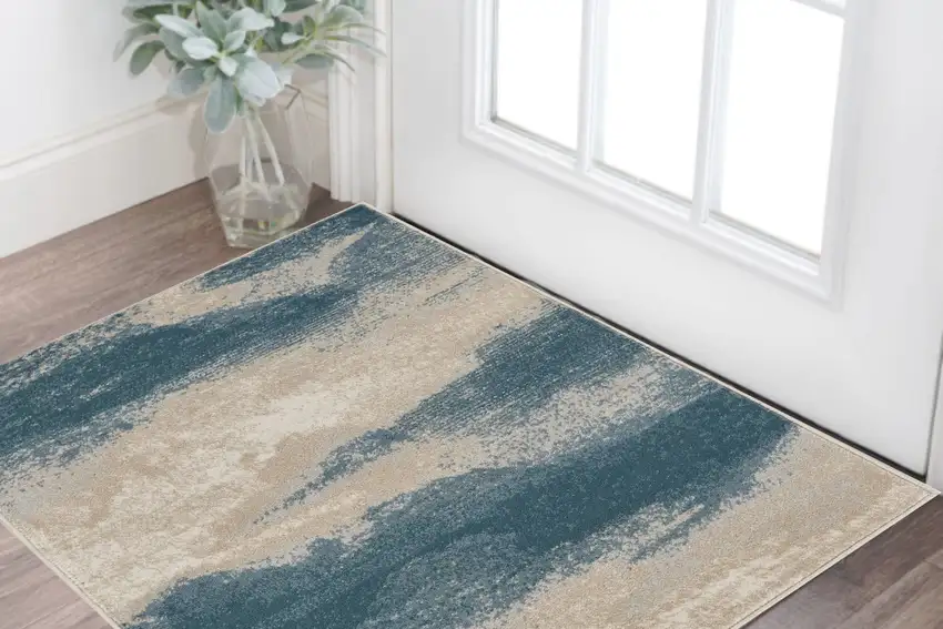 Ivory and Teal Blue Abstract Area Rug Photo 1