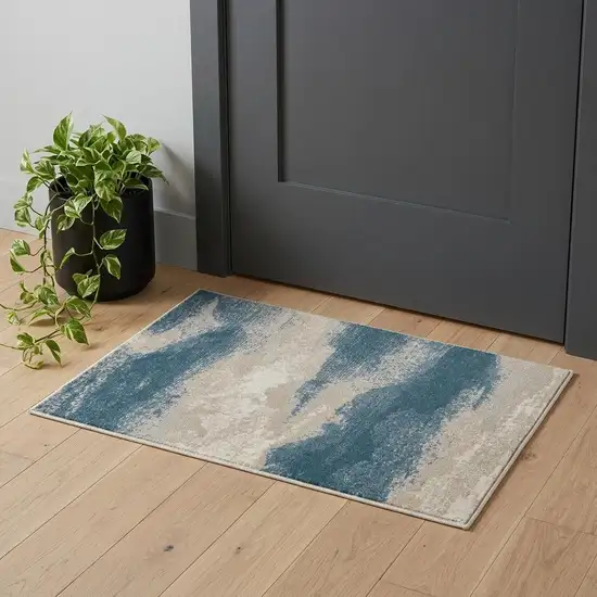 Ivory and Teal Blue Abstract Area Rug Photo 1