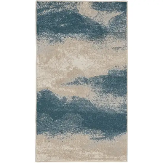 Ivory and Teal Blue Abstract Area Rug Photo 1