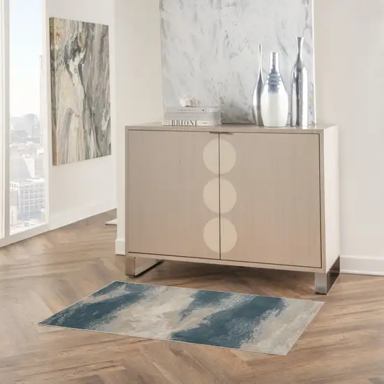 Ivory and Teal Blue Abstract Area Rug Photo 6