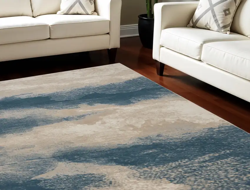 Ivory and Teal Blue Abstract Non Skid Area Rug Photo 1