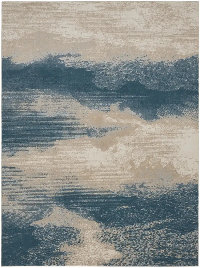 Ivory and Teal Blue Abstract Non Skid Area Rug Photo 2