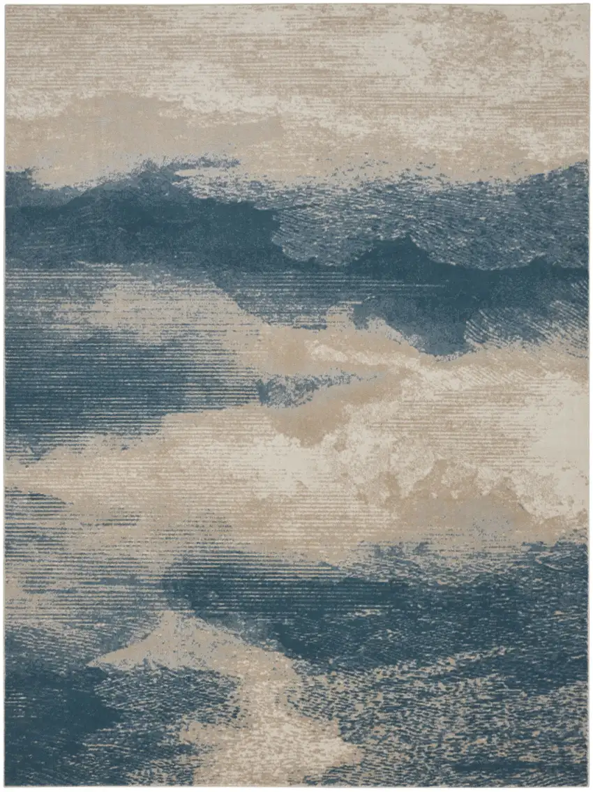 Ivory and Teal Blue Abstract Non Skid Area Rug Photo 1