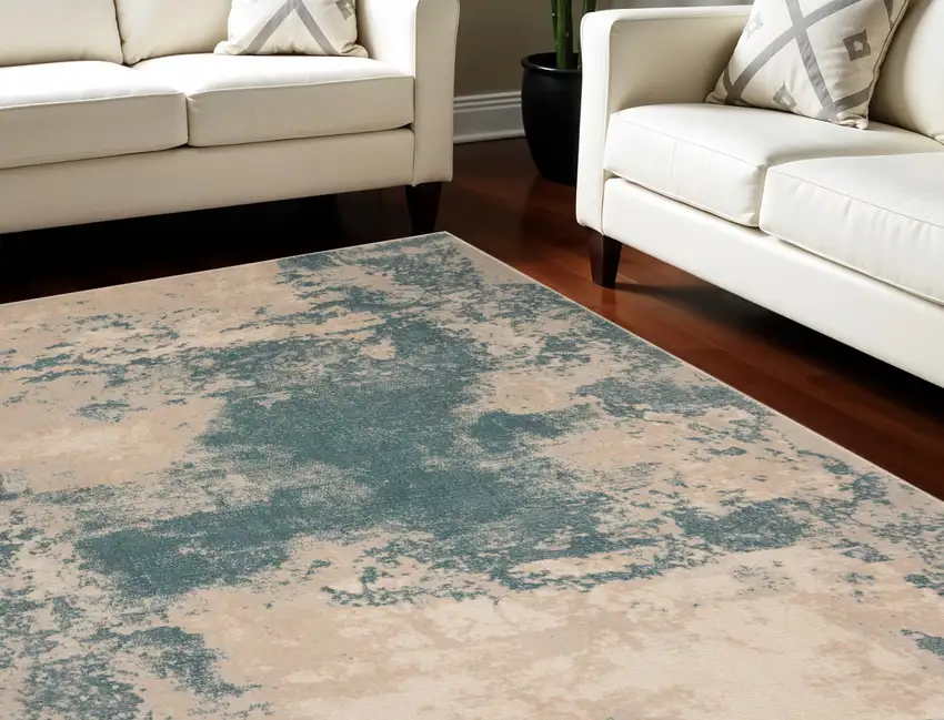 Ivory and Teal Blue Abstract Non Skid Area Rug Photo 1