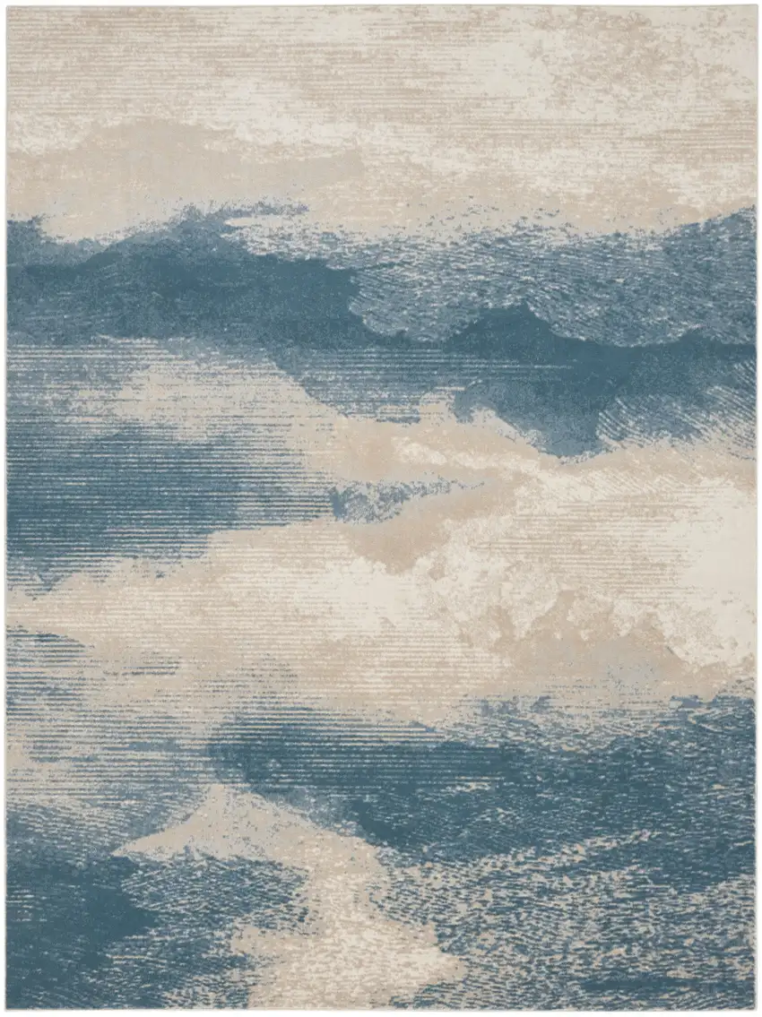 Ivory and Teal Blue Abstract Non Skid Area Rug Photo 1