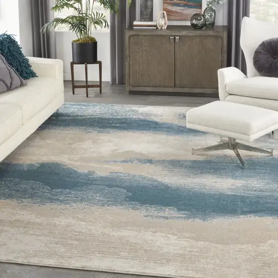 Ivory and Teal Blue Abstract Non Skid Area Rug Photo 3