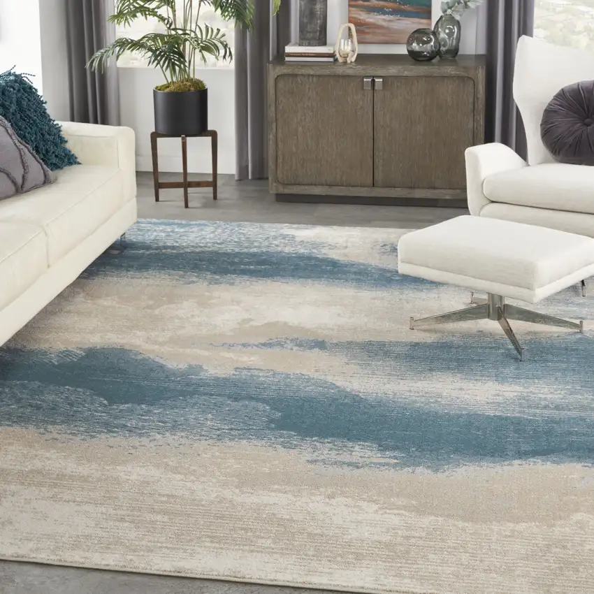 Ivory and Teal Blue Abstract Non Skid Area Rug Photo 3