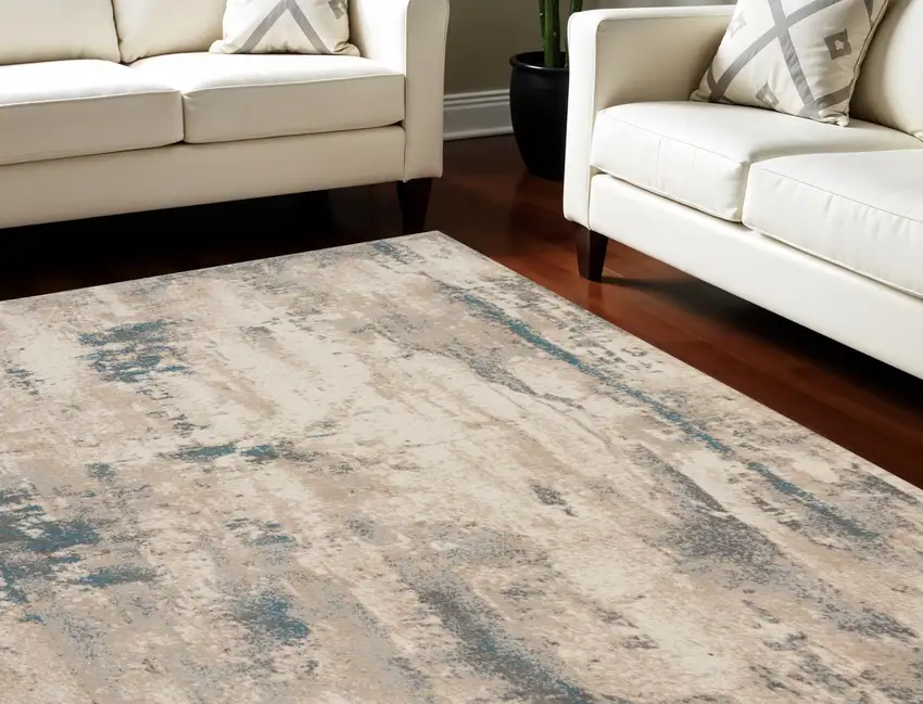 Ivory and Teal Blue Abstract Non Skid Area Rug Photo 1
