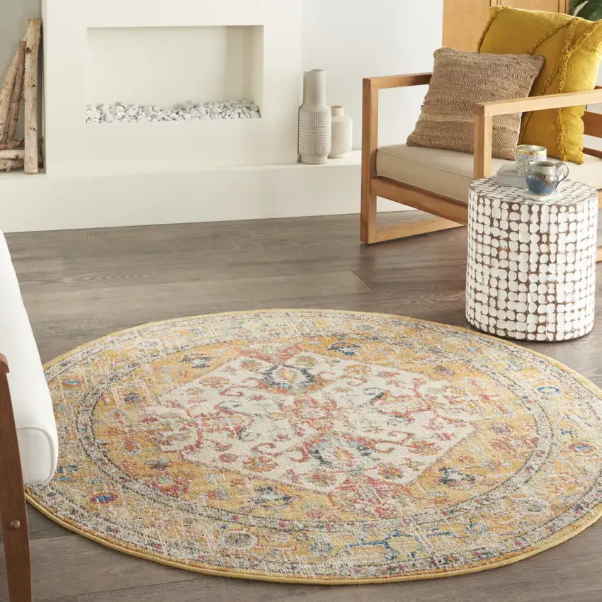 4' Yellow And Ivory Medallion Round Rug Photo 5