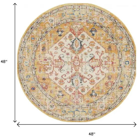 4' Yellow And Ivory Medallion Round Rug Photo 3