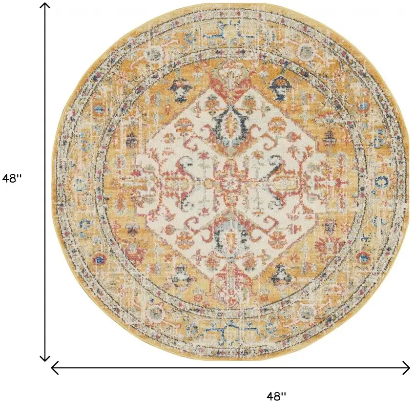 4' Yellow And Ivory Medallion Round Rug Photo 3