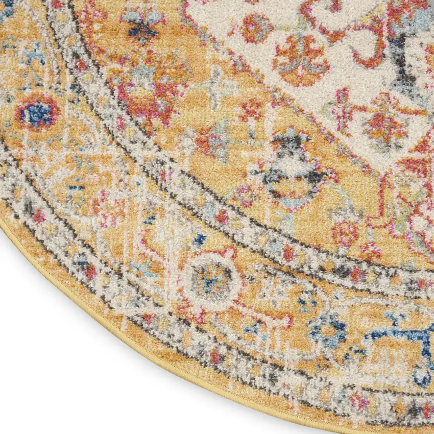 4' Yellow And Ivory Medallion Round Rug Photo 9