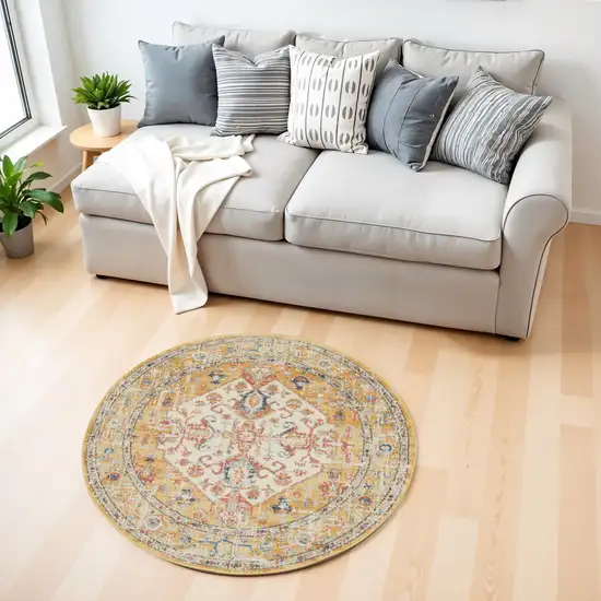 4' Yellow And Ivory Medallion Round Rug Photo 1