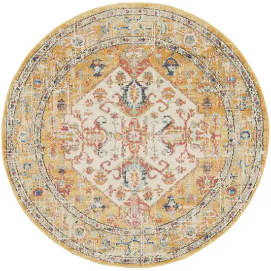 4' Yellow And Ivory Medallion Round Rug Photo 4