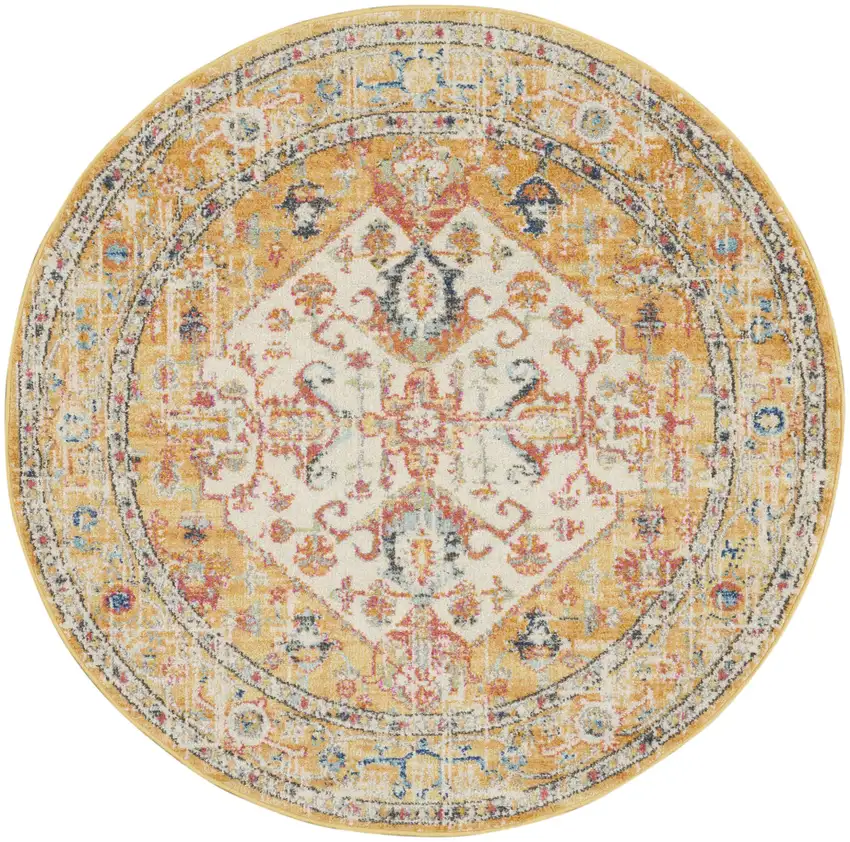 4' Yellow And Ivory Medallion Round Rug Photo 4