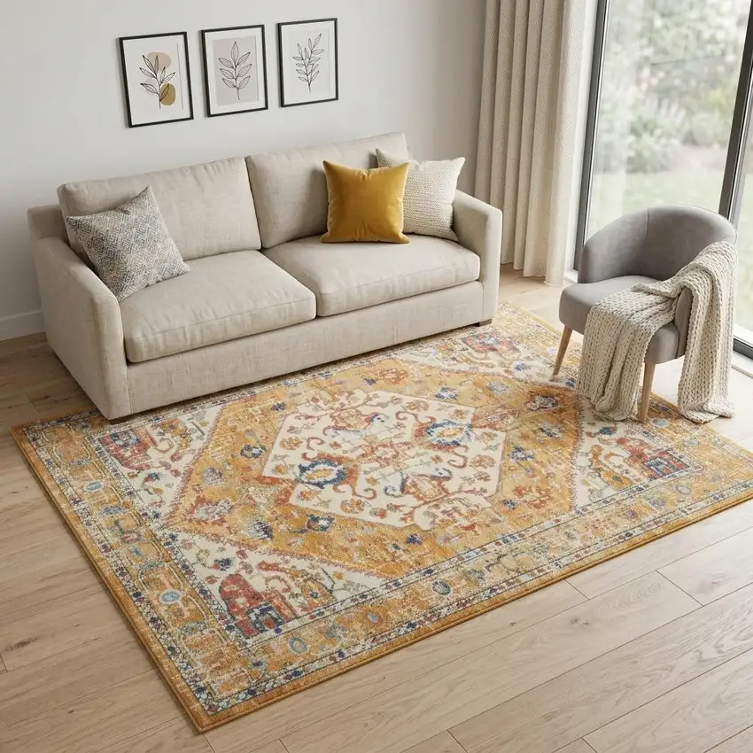 Yellow And Ivory Floral Medallion Area Rug Photo 1