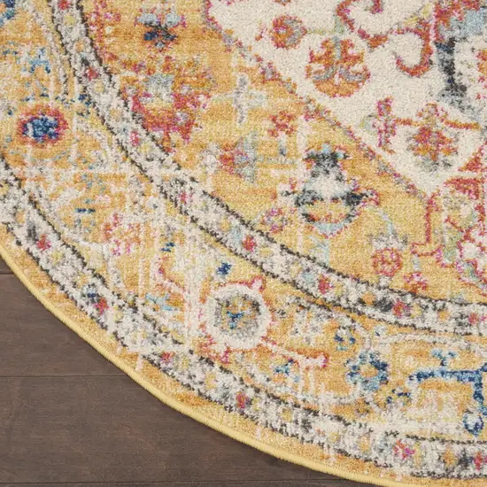 5' Yellow And Ivory Floral Medallion Round Rug Photo 7