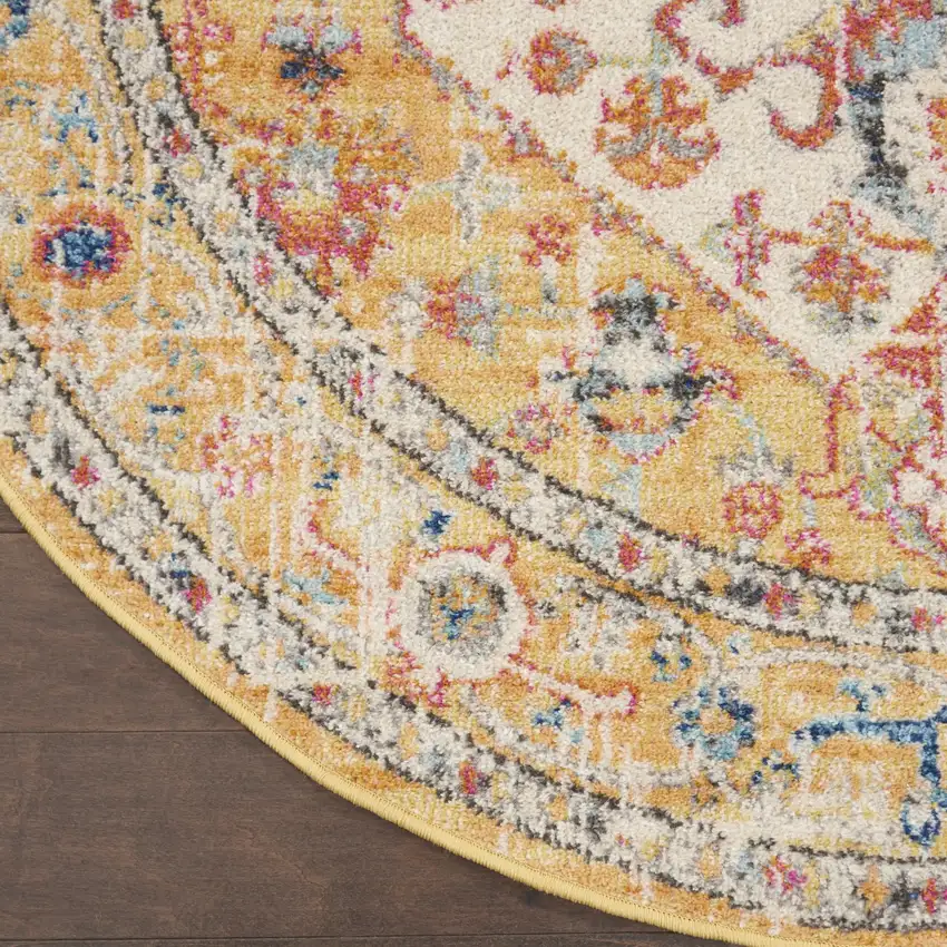 5' Yellow And Ivory Floral Medallion Round Rug Photo 7