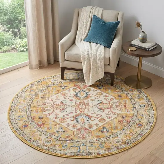 5' Yellow And Ivory Floral Medallion Round Rug Photo 1