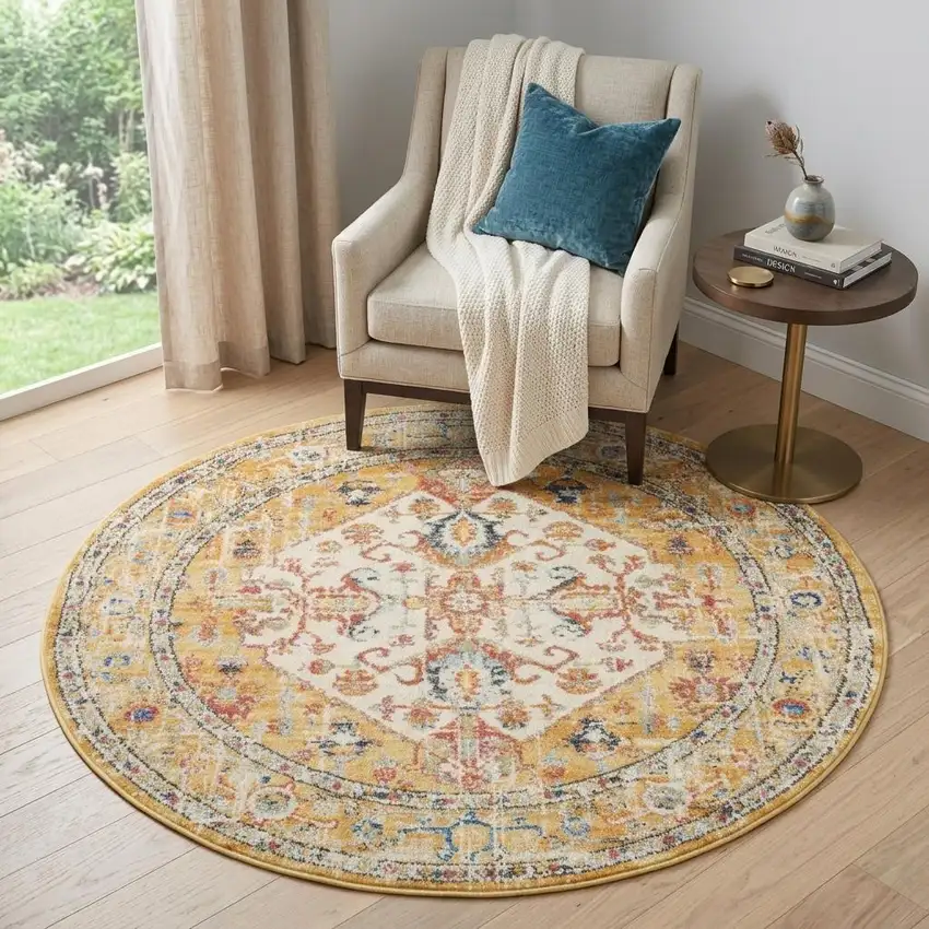 5' Yellow And Ivory Floral Medallion Round Rug Photo 1