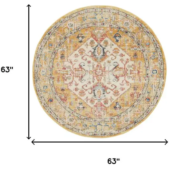 5' Yellow And Ivory Floral Medallion Round Rug Photo 9
