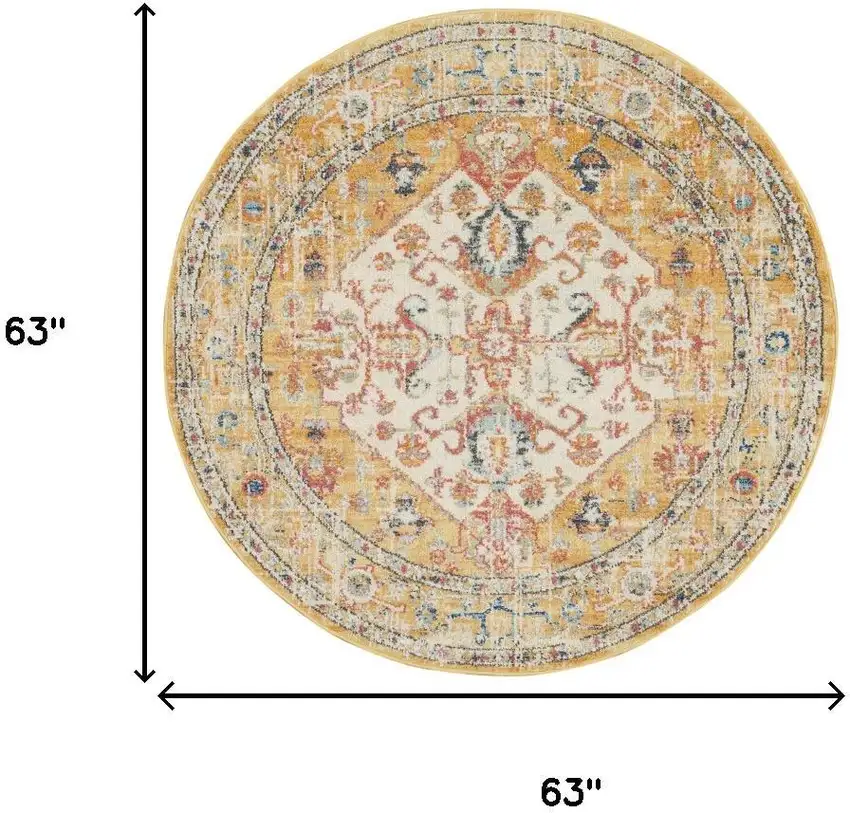 5' Yellow And Ivory Floral Medallion Round Rug Photo 9