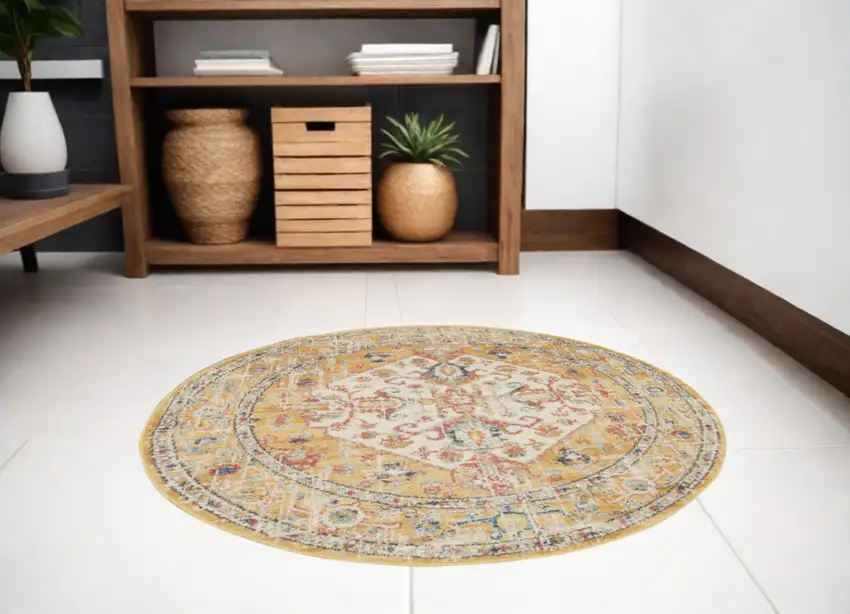 5' Yellow and Ivory Round Floral Medallion Shag Area Rug Photo 1