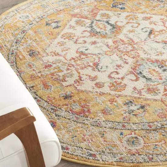 5' Yellow And Ivory Floral Medallion Round Rug Photo 5